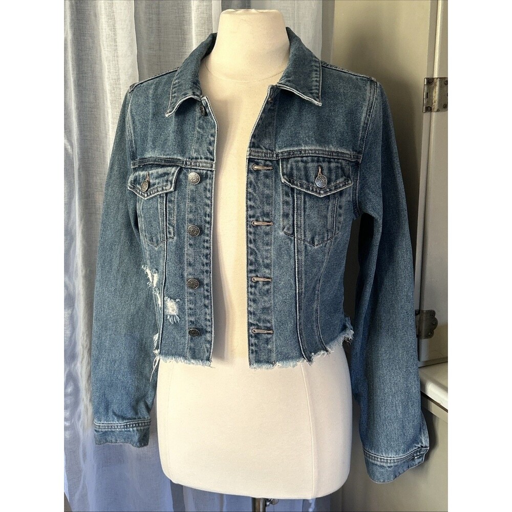Cello Boho Western Denim Jean Jacket Distressed Womens Size M 100% Cotton
